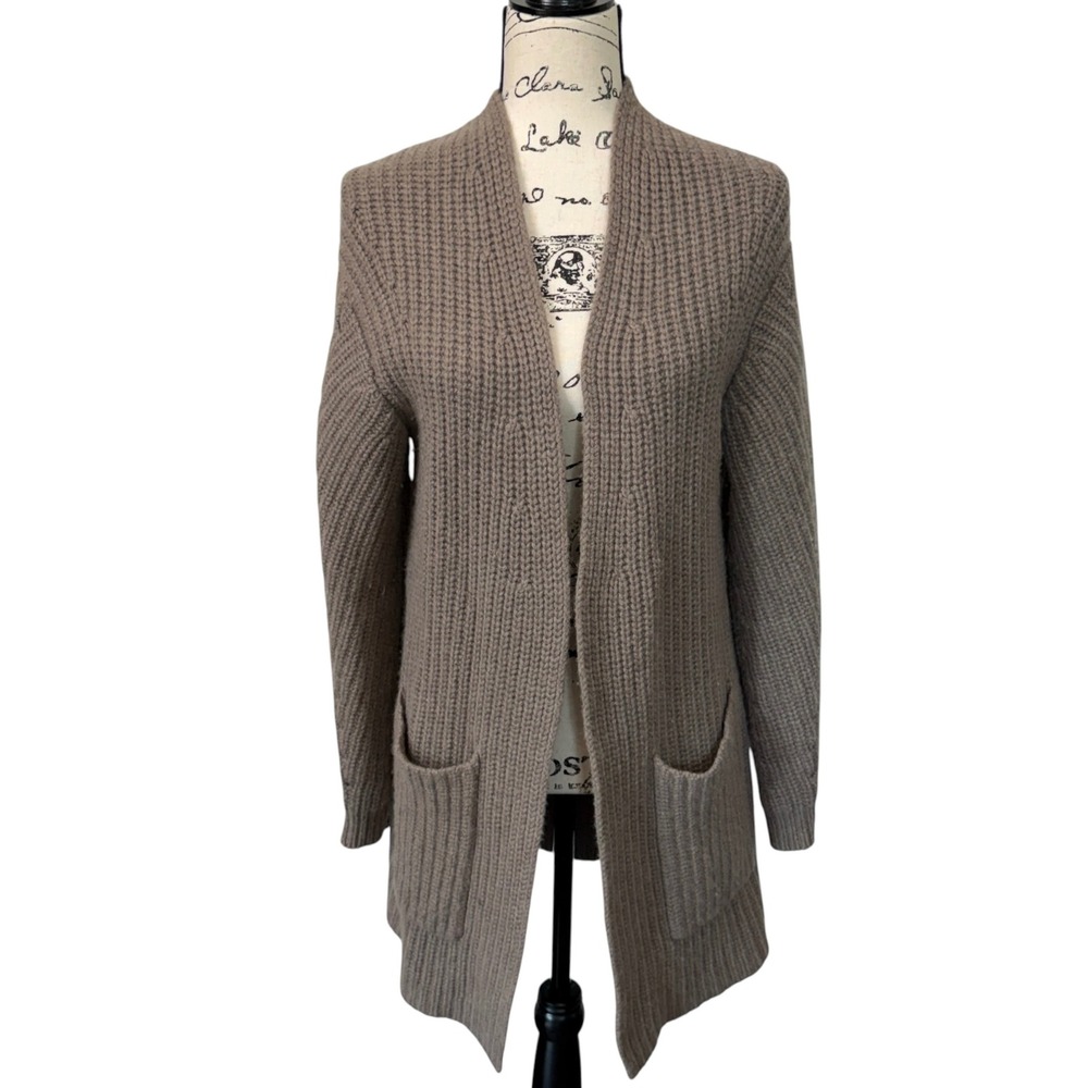 Autumn Cashmere Tan Chunky Ribbed Knit Wool Cashmere Blend Cardigan Sweater, S